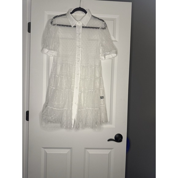 SHEIN Tops - SHEIN Sheer Short Sleeve Button Down Dress White Polka Dot Large